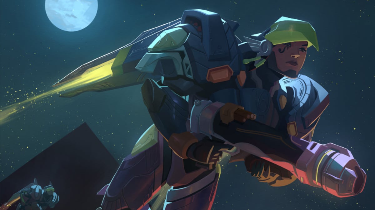Pharah from Overwatch flies over the night sky.
