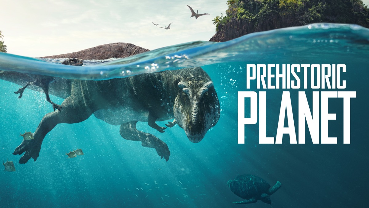 Prehistoric Planet splash screen with swimming T-Rex.