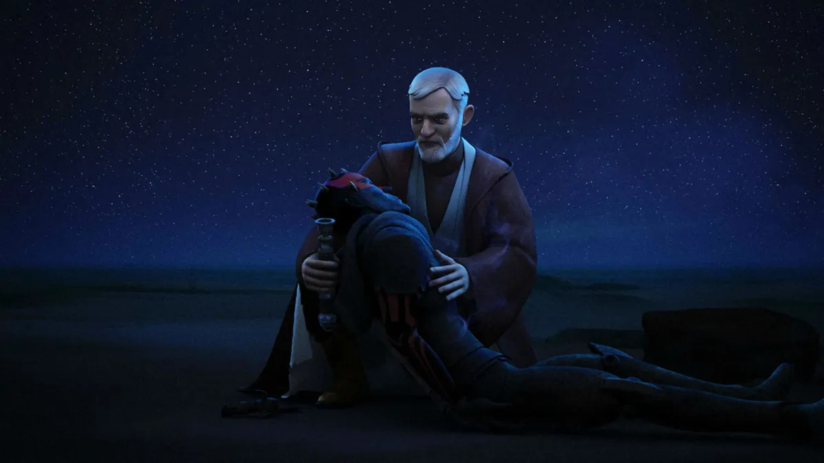 Obi-Wan Kenobi holding Darth Maul in Star Wars: Rebels.