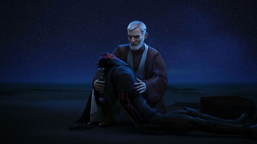 Obi-Wan Kenobi holding Darth Maul's corpse in Star Wars: Rebels.