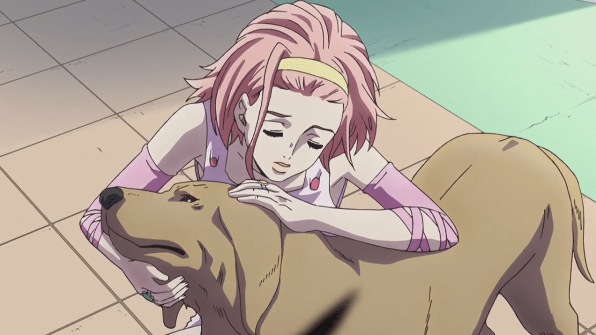 Reimi touching her ghostdog Arnold in part 4: Diamond is Unbreakable