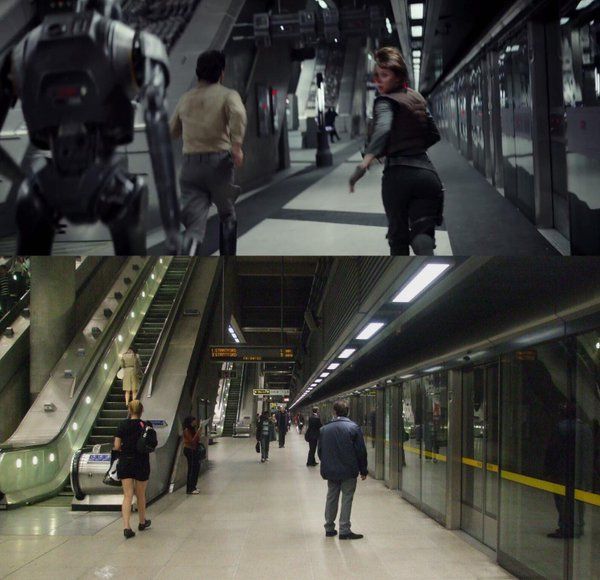 Two images shown: above is the grey tinted sci-fi interior of the Imperial Base on Scarif where Jyn, Cassian, and K-2SO run from imperial troops in deleted scenes of Rogue One: A Star Wars Story. The lower picture is of Canary Warf station, where the scene was filmed, looking a little less grey and sci-fi.