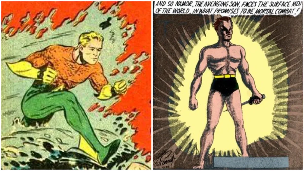 Two panels show classic comic images of Aquaman and Namor, the Sub-Mariner