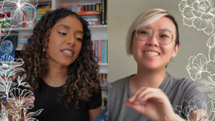 Screenshots of Jananie from This Story Ain’t Over and Cindy Pham overlaied with white flowers. Image: screencaps and Alyssa Shotwell.