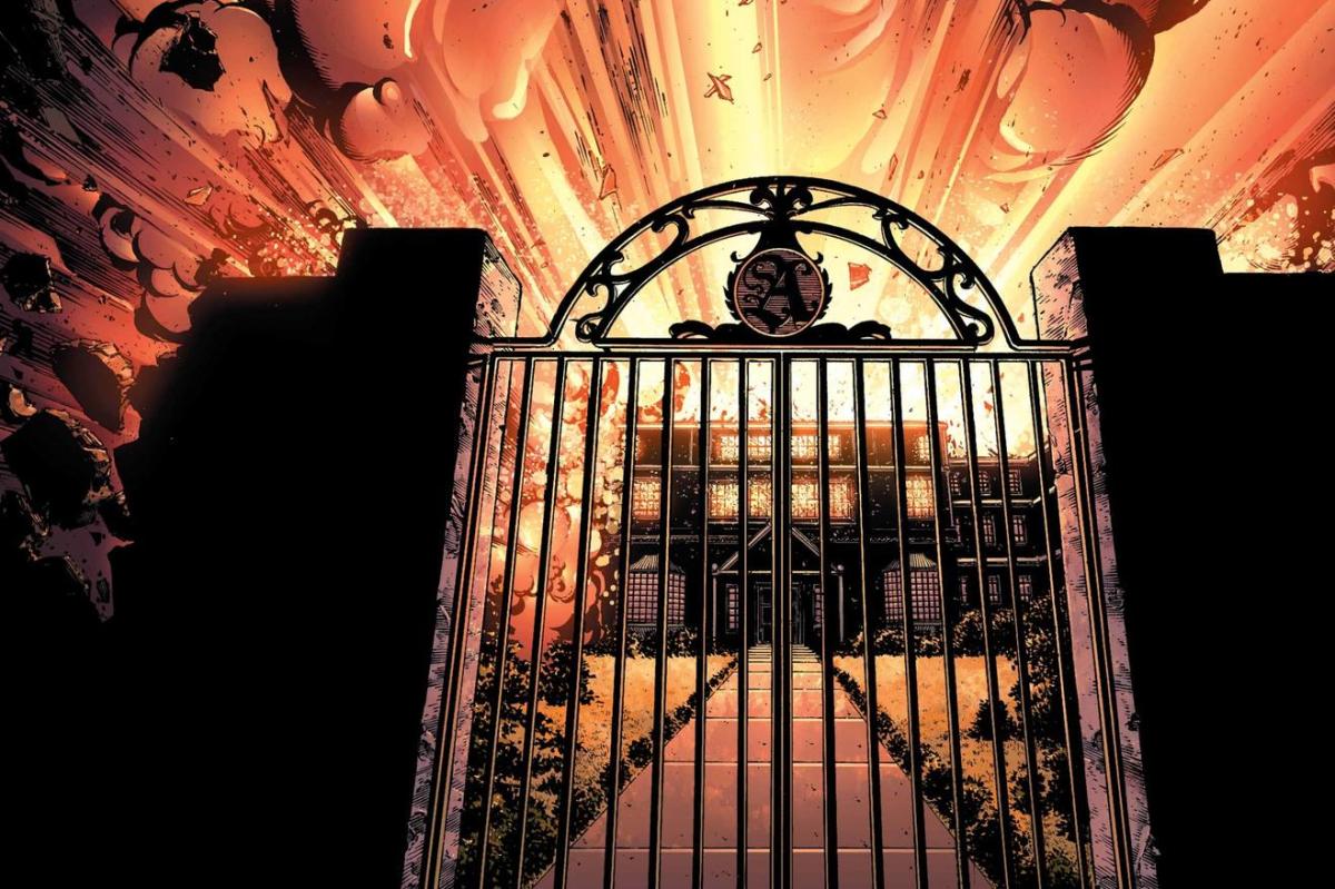 Avengers Mansion blowing up in Marvel Comics.