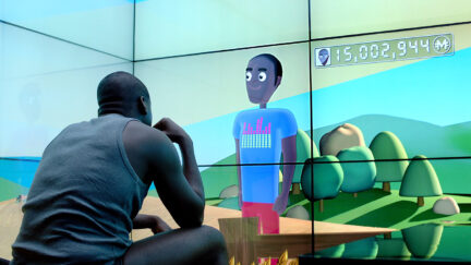 Daniel Kaluuya looking at his on screen avatar in Fifteen Million Merits (Black Mirror). Image: Channel 4/Netflix.