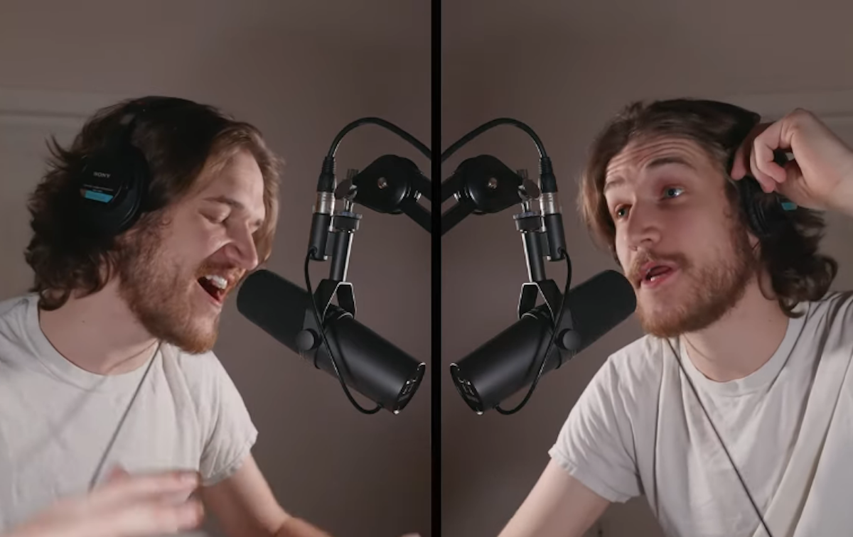 Two podcast hosts, both played by Bo Burnham, talk in microphones in split-screen