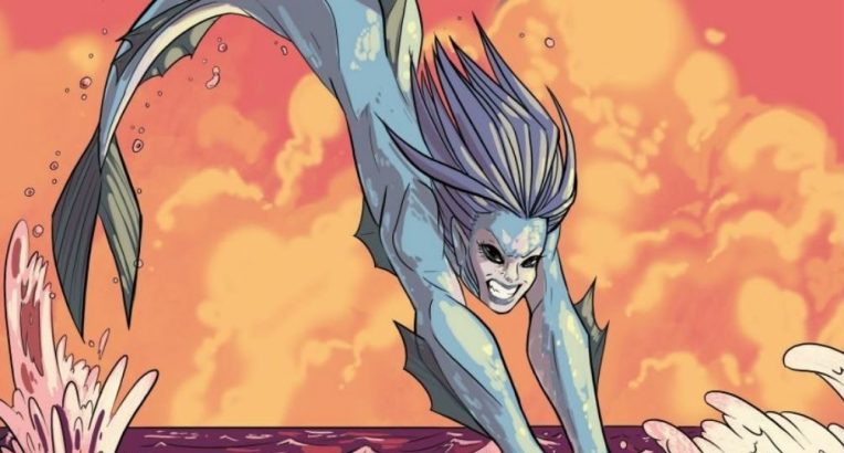Blue mermaid diving into the ocean at sunset. From "The Sea in You" by Jessi Sharon. Image: Iron Circus Comics.