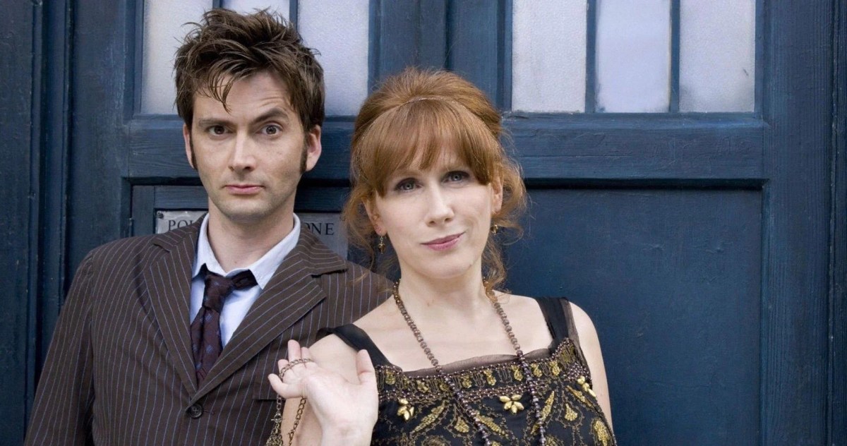 The Tenth Doctor and Donna Noble standing in front of the Tardis on Doctor Who.