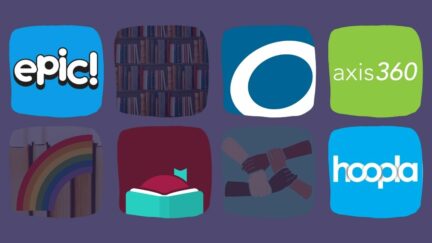 Some reading apps imagined and real available. The real ones are higlighted and in the spotlight - Epic!, Overdrive, Libby, Axis 360, and Hoopla. Image: Alyssa Shotwell, Epic, Overdrive/Libby, Axis 360, and Hoopla.