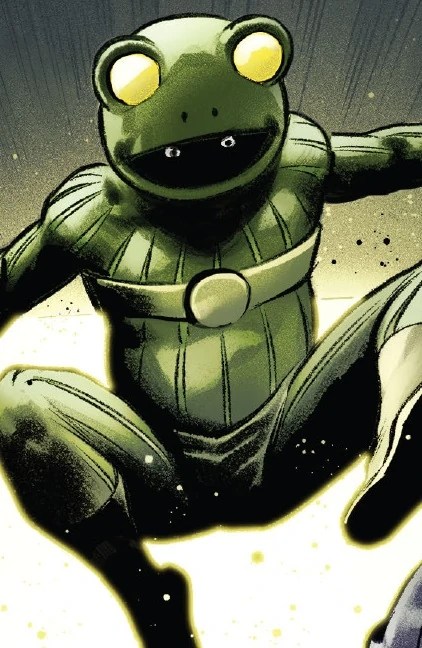 An image from a comic book of Frog-Man jumping.