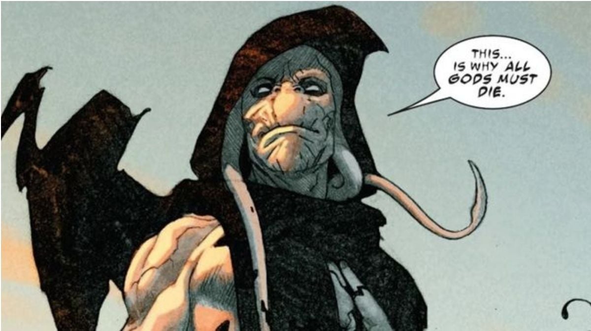 A comic panel featuring Gorr saying "This is why all gods must die."
