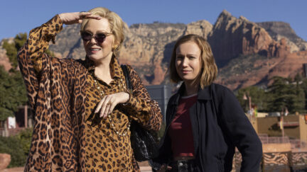 Jean Smart as Deborah Vance and Hannah Einbinder as Ava in Hacks, standing in the desert.