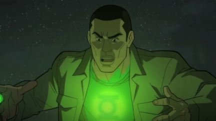 John Stewart Green Lantern with the symbol and ring glowing green. Image: screepcap from trailer https://www.youtube.com/watch?v=LW3AlcgUENE