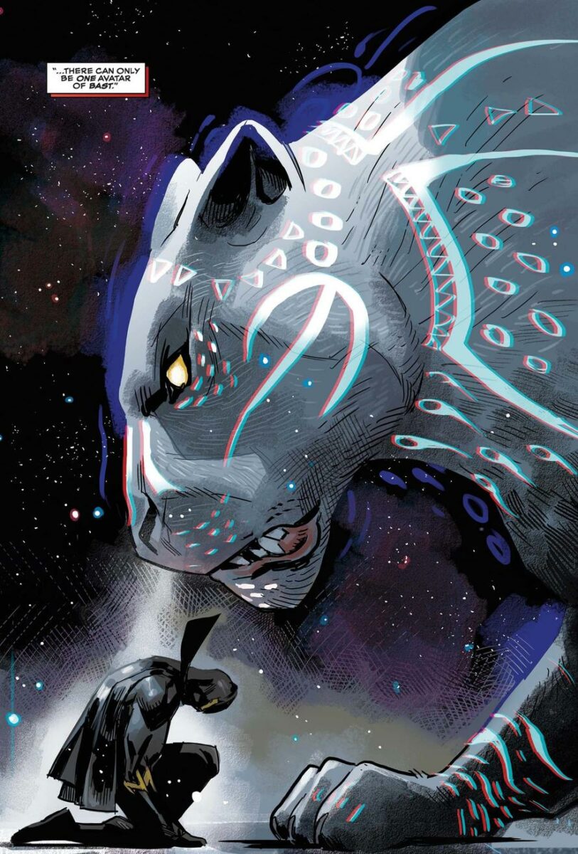 Killmonger bowing to Bast.  Photo: Marvel Comics.  https://www.marvel.com/articles/comics/black-panther-in-space