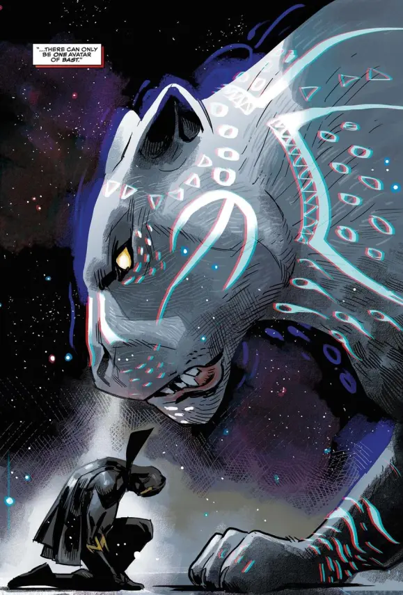 Killmonger bowing to Bast. Image: Marvel Comics. https://www.marvel.com/articles/comics/black-panther-in-space