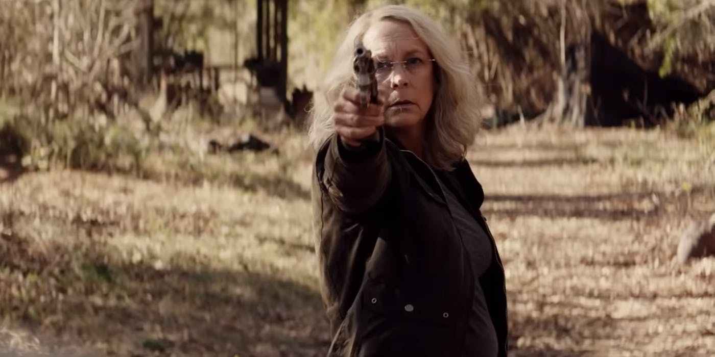 Laurie practicing shooting in Halloween 2018