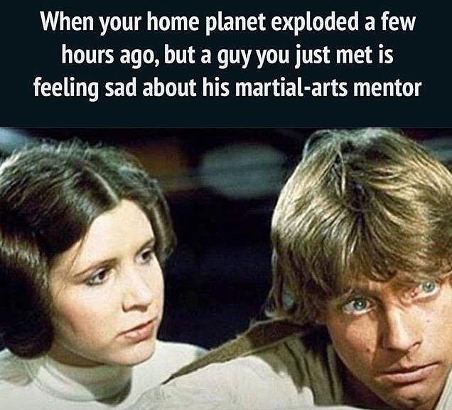 Leia comforts Luke with text reading, "When your home planet exploded a few hours ago, but a guy you just met is feeling sad about his martial-arts master."
