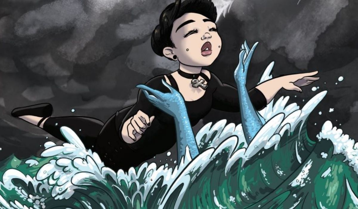 Character being pulled into the turbulent ocean by blue hands. From "The Sea in You" by Jessi Sharon. Image: Iron Circus Comics.