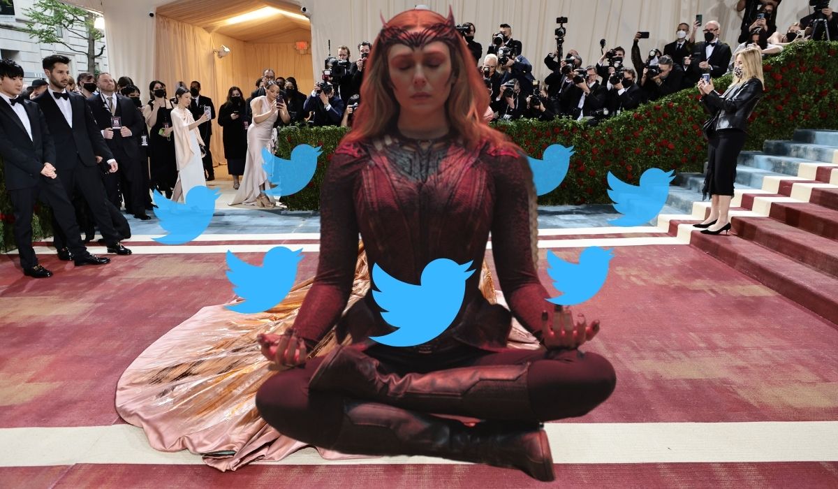 NEW YORK, NEW YORK - MAY 02: Blake Lively attends The 2022 Met Gala Celebrating "In America: An Anthology of Fashion" at The Metropolitan Museum of Art on May 02, 2022 in New York City as the background. Wanda Maximoff floating in front with circling tweets. image: Marvel Entertainment, Twitter, and Jamie McCarthy/Getty Images