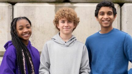 Cast playing Annabeth, Percy and Grover. Image: Disney Plus.