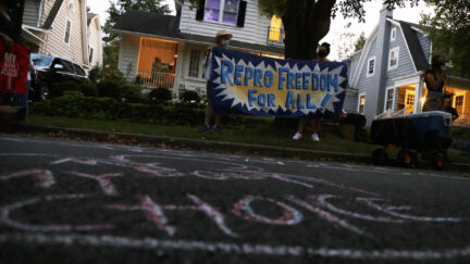 A small group of protesters gather in a residential neighborhood with a banner reading 