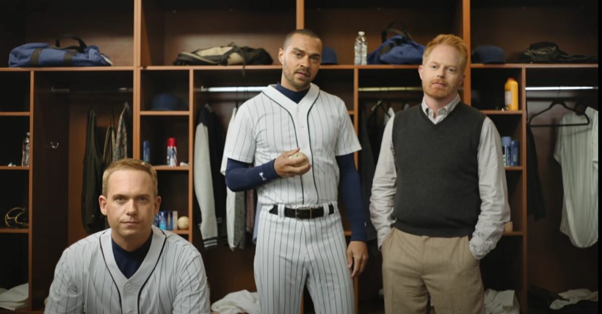 Patrick J Adams, Jesse Tyler Ferguson, and Jesse Williams in Take Me Out play. Image: Screencap from trailer https://youtu.be/Dwu61izuC7o