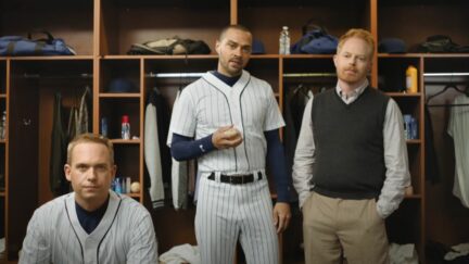 Patrick J Adams, Jesse Tyler Ferguson, and Jesse Williams in Take Me Out play. Image: Screencap from trailer https://youtu.be/Dwu61izuC7o