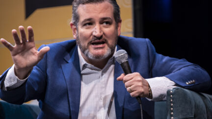 Ted Cruz gestures while peaking into a microphone