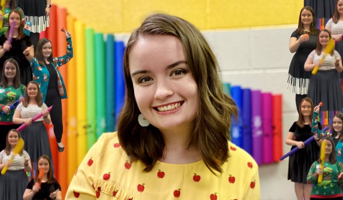 Ms. Jenkins a.k.a. The Chromatic Music Teacher online next to her famous boomwhackers. Image: Ms. Jenkins and Alyssa Shotwell.