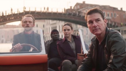 Tom Cruise, Simon Pegg, Rebecca Ferguson, and Ving Rhames speed through Venice on a boat