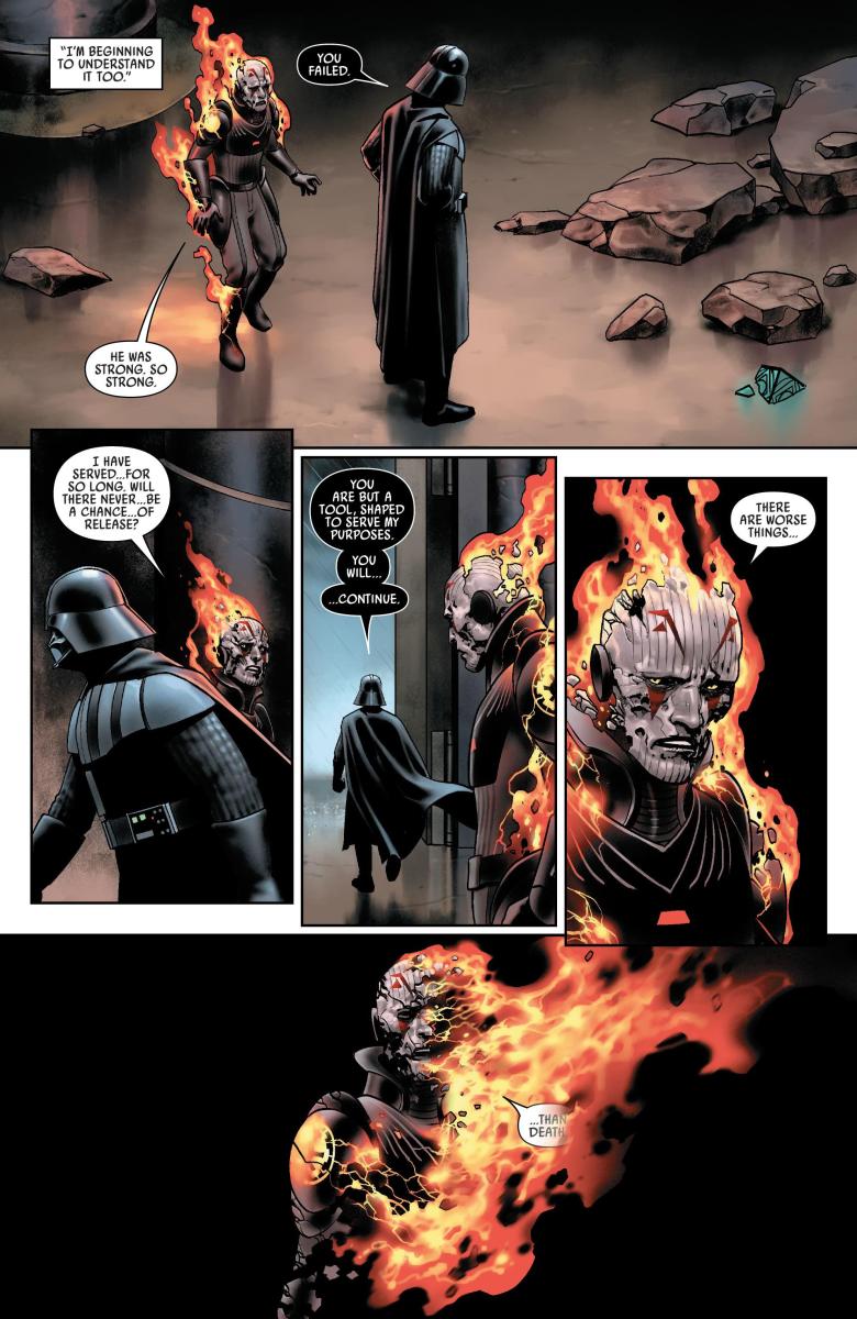 The flaming spirit of the Grand Inquisitor asking to be released from service to Vader, who refuses.