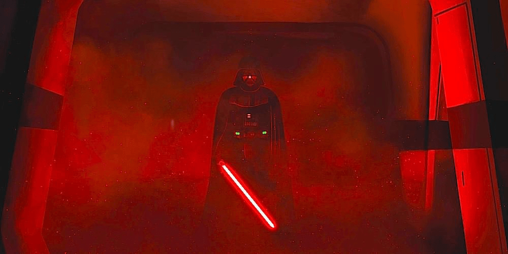 Vader in the red smokey Rogue One hallway, lightsaber ignited.