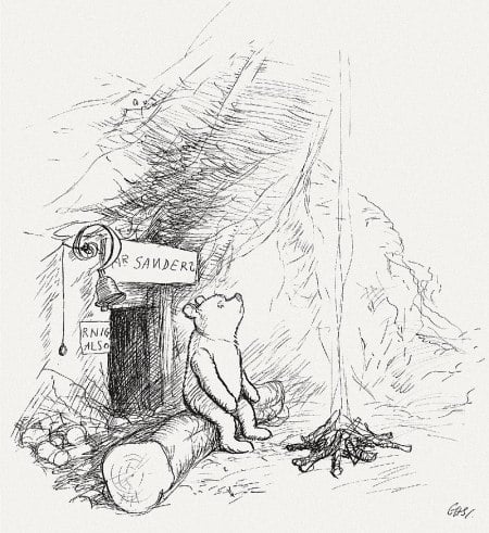 Illustration to page 3 of Winnie-the-Pooh (1926) by artist E. H. Shepard. Pooh since on a log looking up at the sky. Image: Creative Commons, A. A. Milne