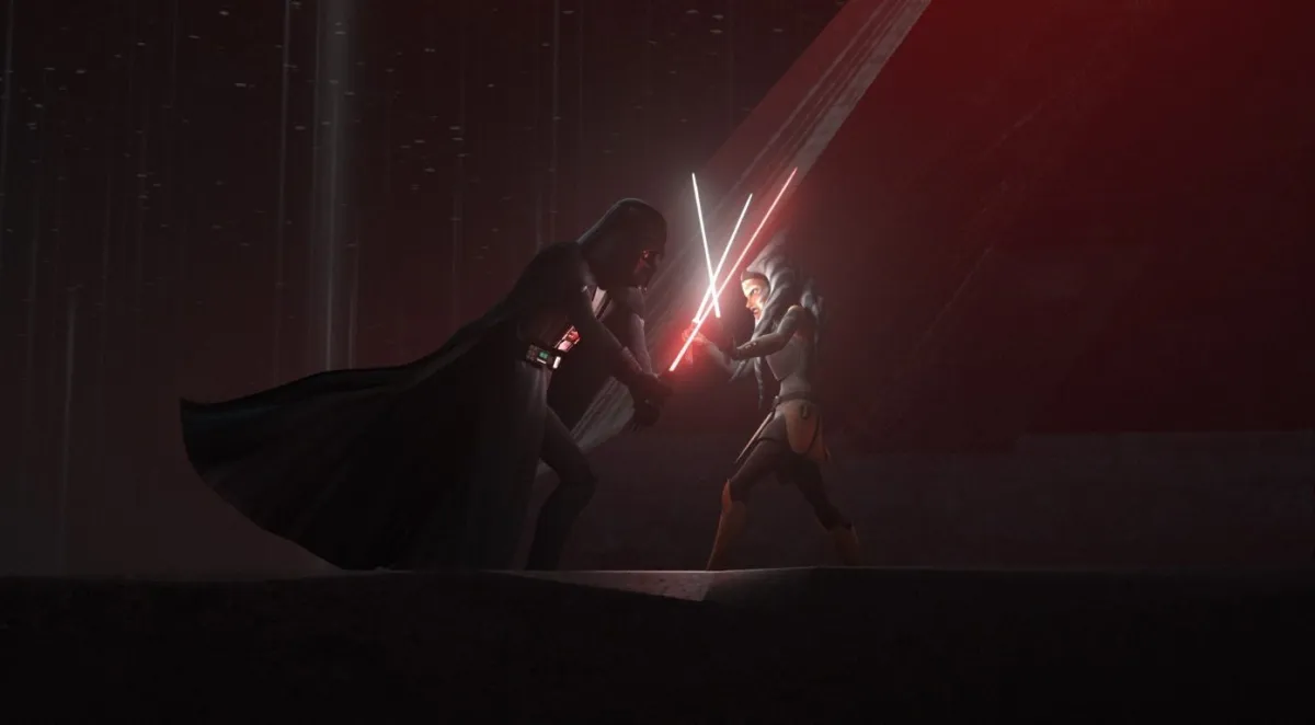Ahsoka Tano and Darth Vader duel with lightsabers in Star Wars Rebels