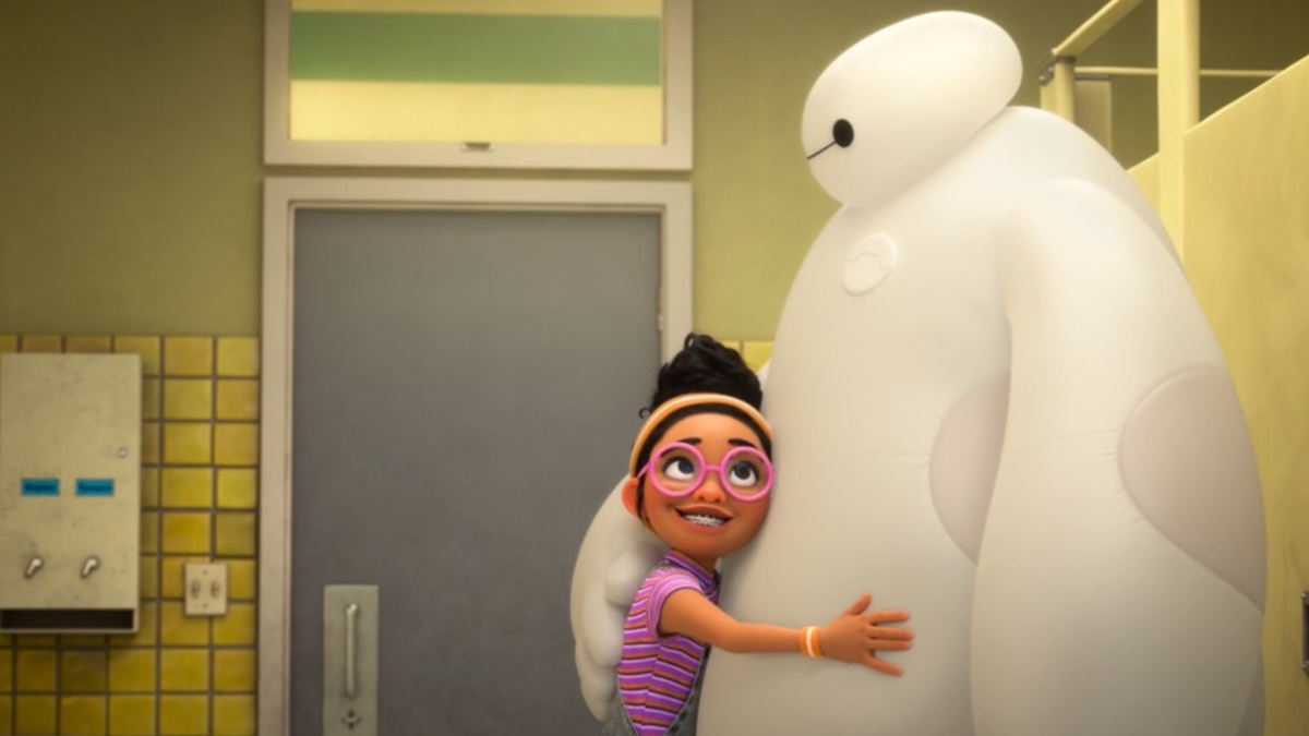 Sofia hugs Baymax in the bathroom