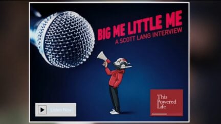 Podcast title card with Big Me Little Me: A Scott Lang Interview in the middle and This Powered Life in the corner. A cartoon Scott Lang wears his Ant-Man helmet and speaks into a huge mike.