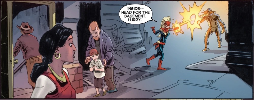Captain Marvel tells civilians to hide while Kamala Khan looks on.