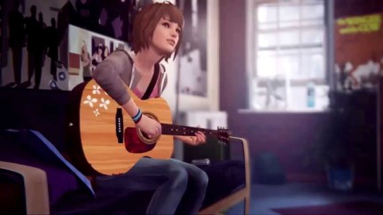 Max Caulfield in her dorm playing her guitar