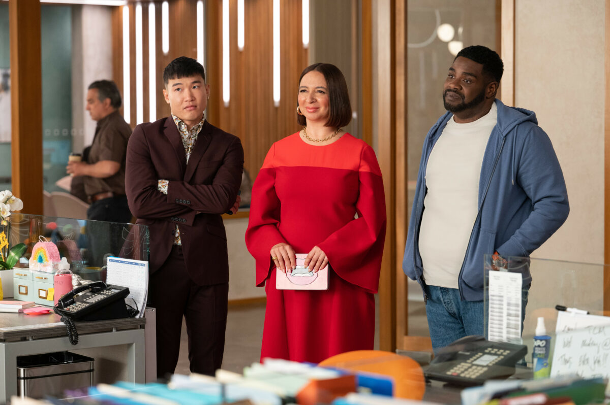 Joel Kim Booster, Maya Rudolph and Ron Funches in “Loot,” premiering globally June 24, 2022 on Apple TV+.