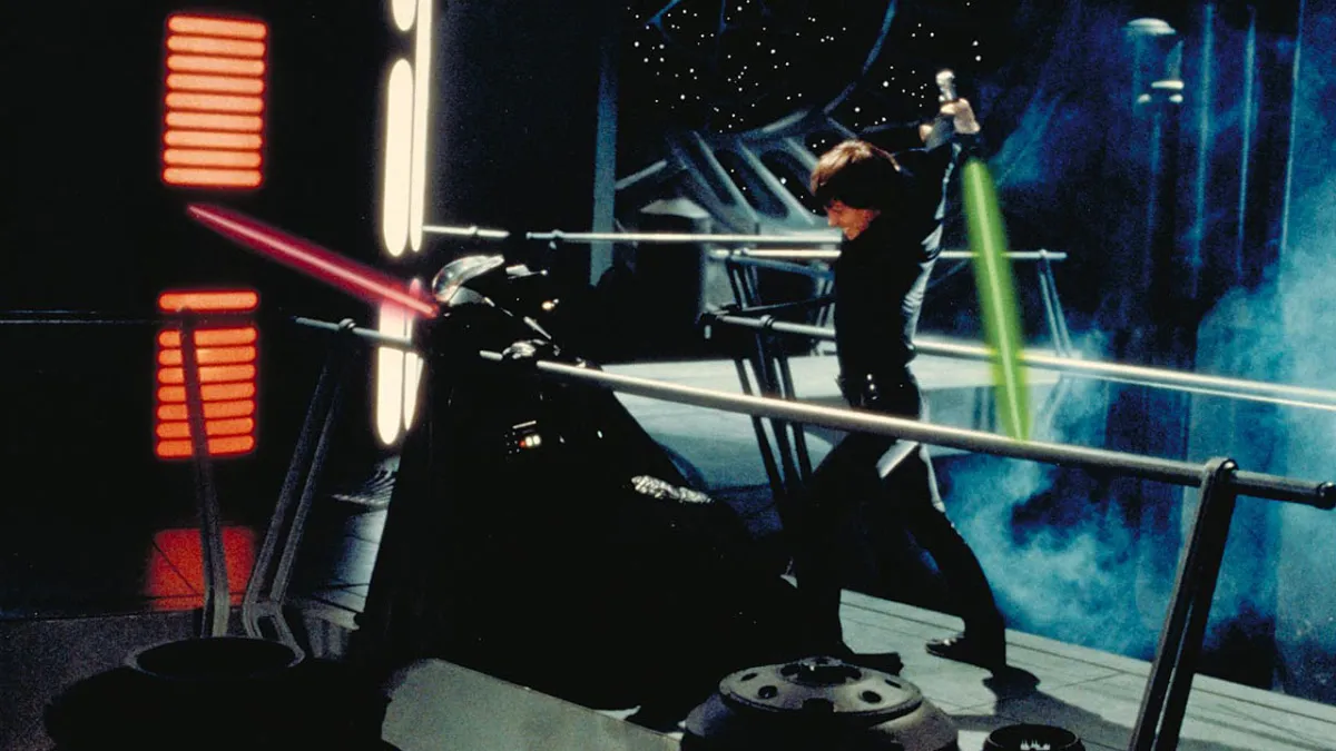 Luke Skywalker and Darth Vader duel in Star Wars: Return of the Jedi