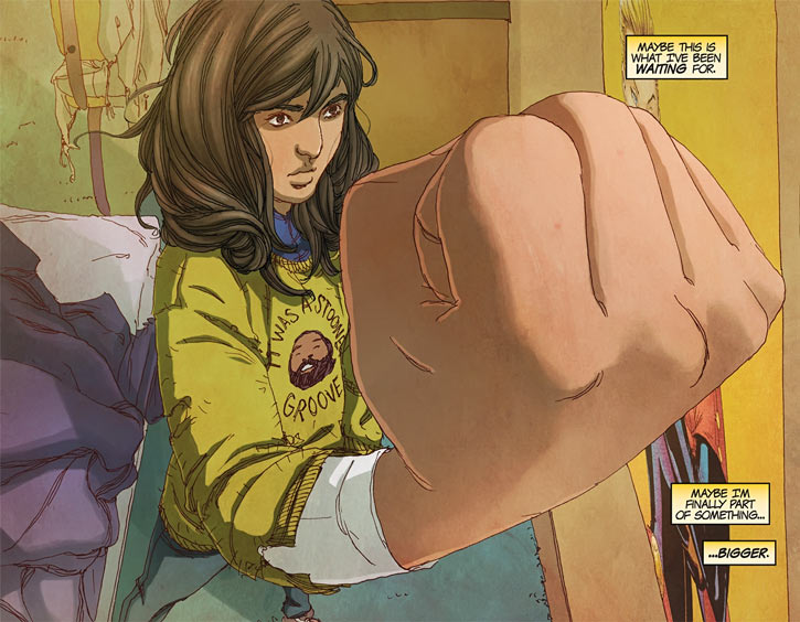 Kamala Khan "Ms. Marvel" comics page, with the captions "Maybe this is what I've been waiting for. Maybe I'm finally part of something... bigger."