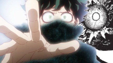 Deku reaching out with All For One behind him