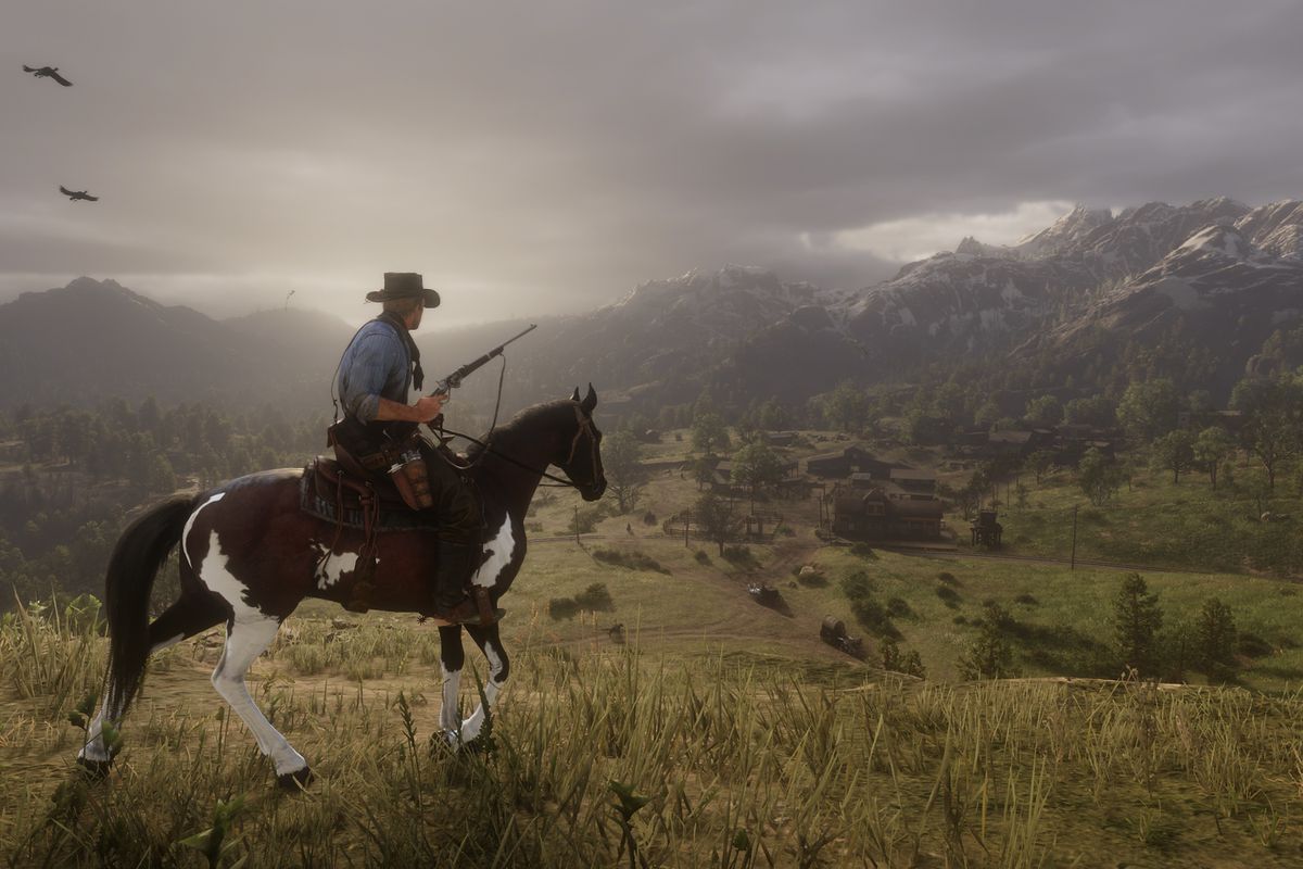 A man rides a horse while carrying a gun in the game 'Red Dead Redemption 2'