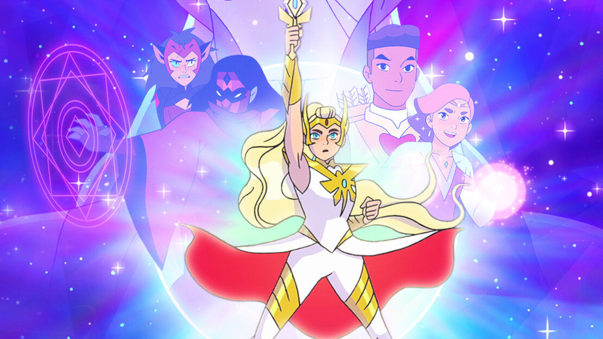 The She-Ra cast poses triumphantly for the cover of Netflix's splash page.