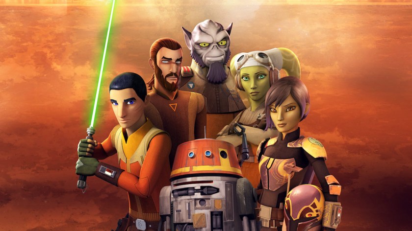 The crew of the Ghost from the animated series Star Wars Rebels standing together