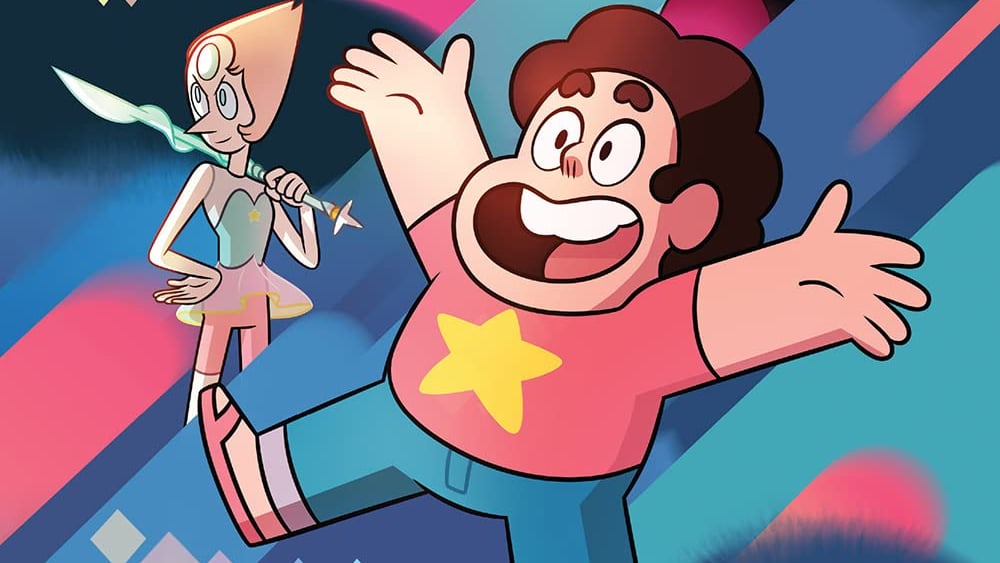 Steven Universe and Pearl happily standing on the Steven Universe poster.