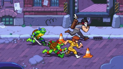 The four turtles, Casey, and April run across New York City's streets in TMNT: Shredder's Revenge.