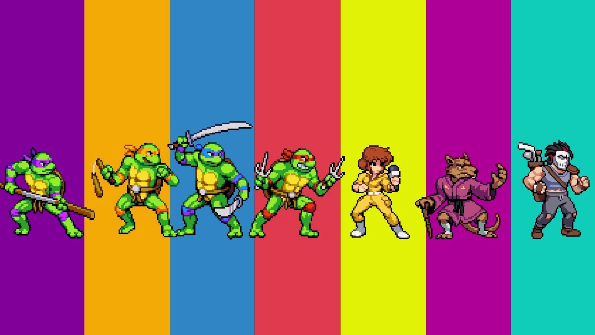 The full roster of playable TMNT: Shredder's Revenge characters stand on a brightly colored background.