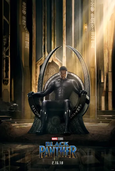 Chadwick Boseman as T'Challa, seated on a throne in the Wakandan throne room.